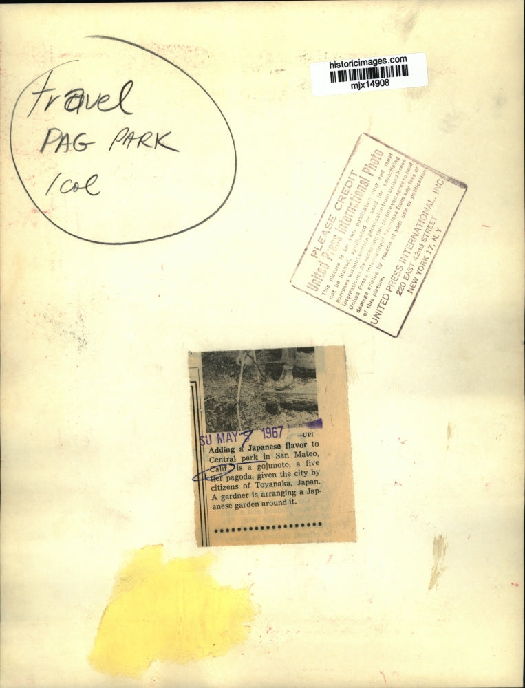 1967 Press Photo Gojunoto in Central Park given to San Mateo by Toyanaka, Japan