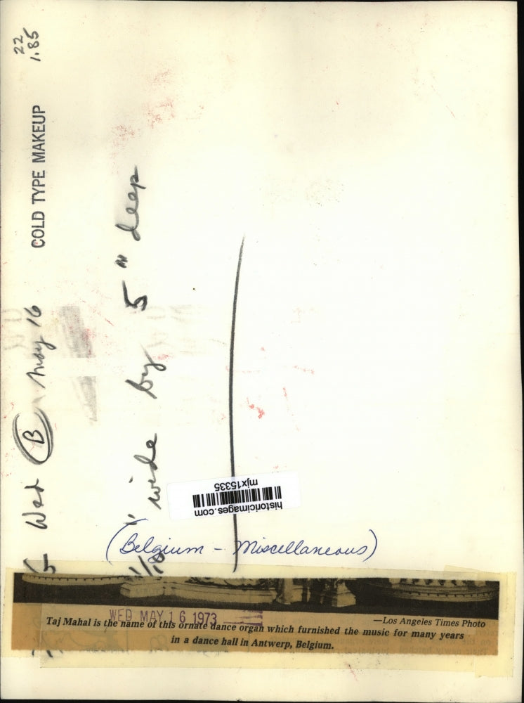 1973 Press Photo Taj Mahal, an ornate organ in a dance hall in Antwerp, Belgium