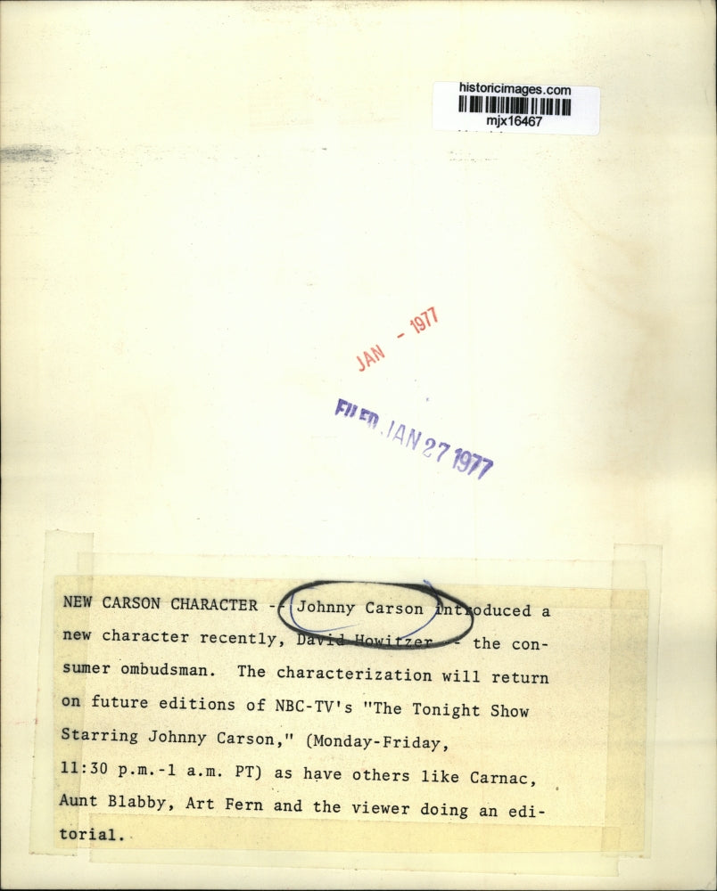 1977 Press Photo Johnny Carson introduces new character, David Howitzer