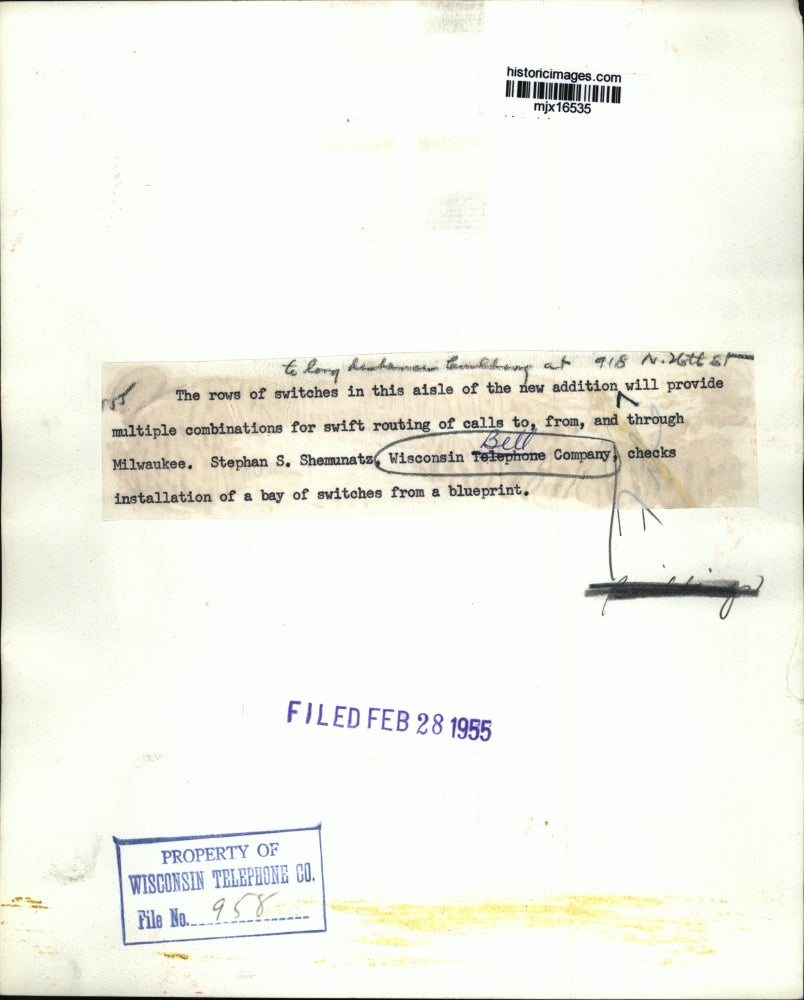 1955 Press Photo Stephan S. Shemunatz checks switches at Wisconsin Bell Co.
