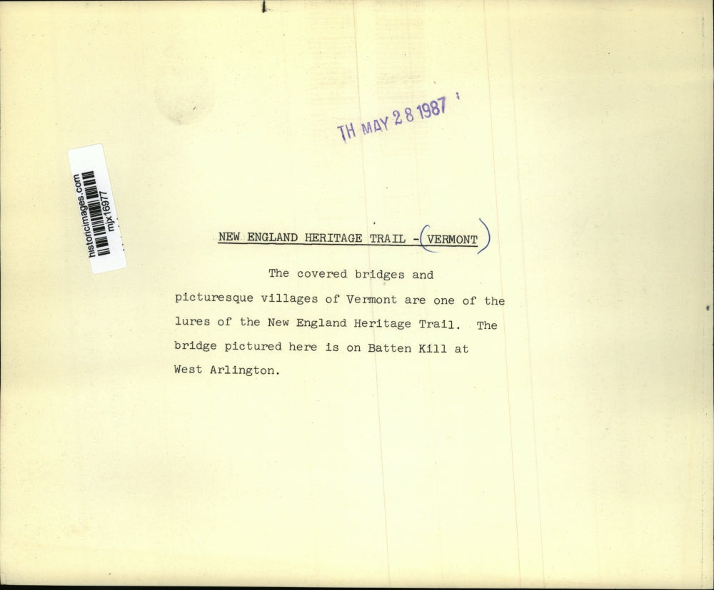 1987 Press Photo Covered Bridge on Battenkill at West Arlington, Vermont