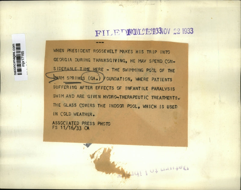 Load image into Gallery viewer, 1933 Press Photo Pres. Roosevelt to stay at Warm Springs Foundation in Georgia
