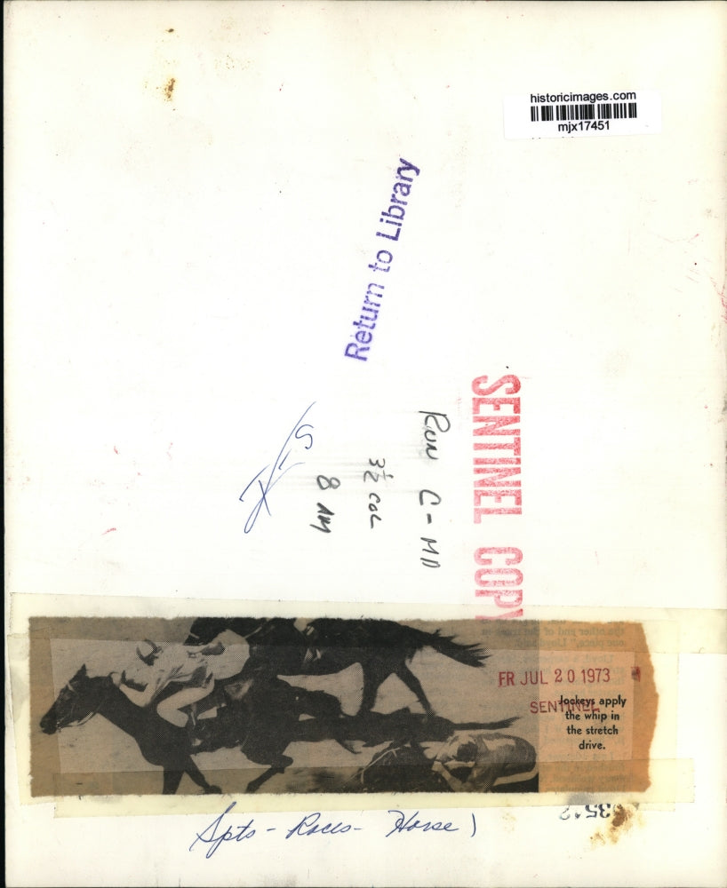 1973 Press Photo Jockeys apply the whip in the stretch drive.