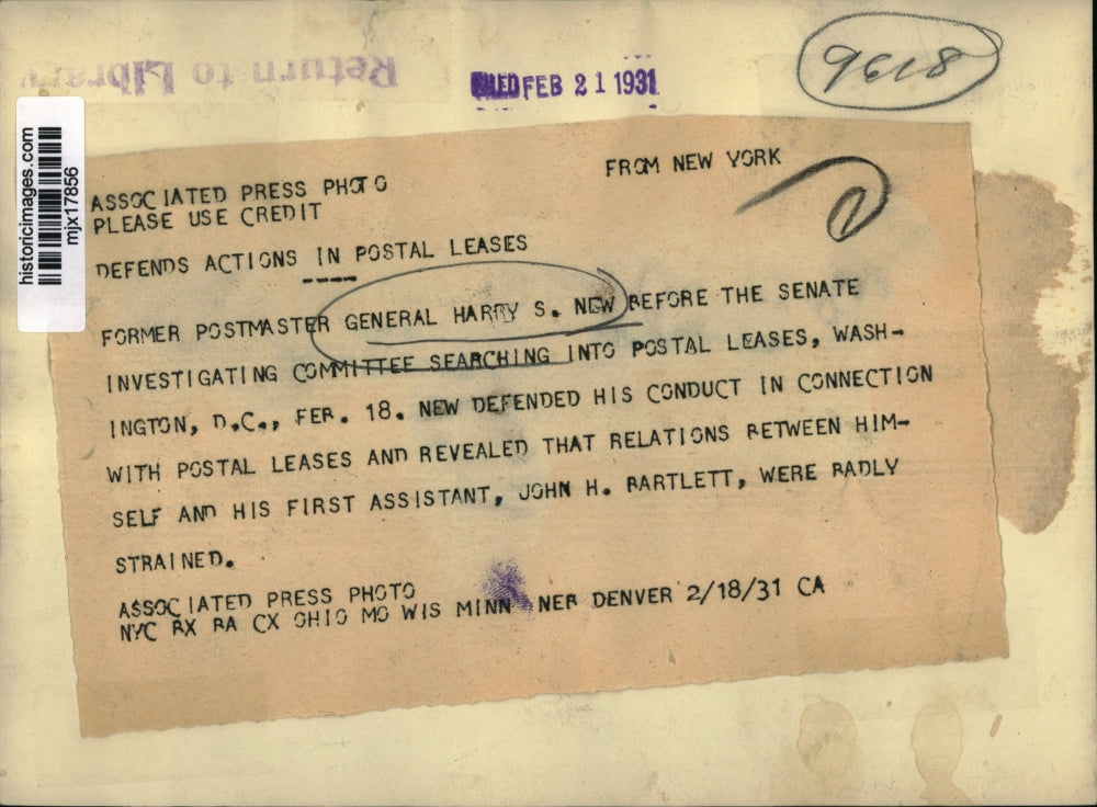 1931 Press Photo Ex-Postmaster Gen. Harry New defends action in postal leases