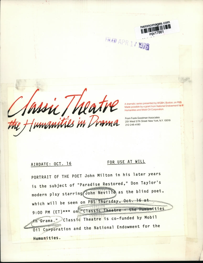 1976 Press Photo John Neville on "Classic Theater-the Humanities in Drama"