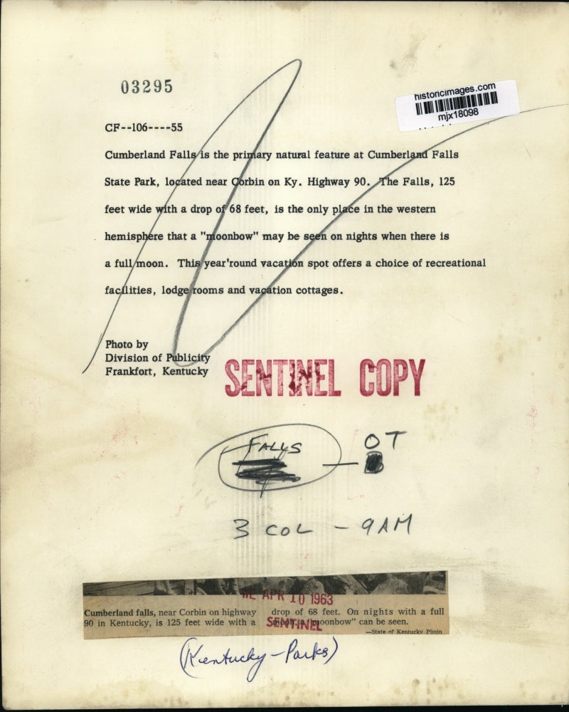 1963 Press Photo Cumberland falls, near Corbin on highway 90 in Kentucky