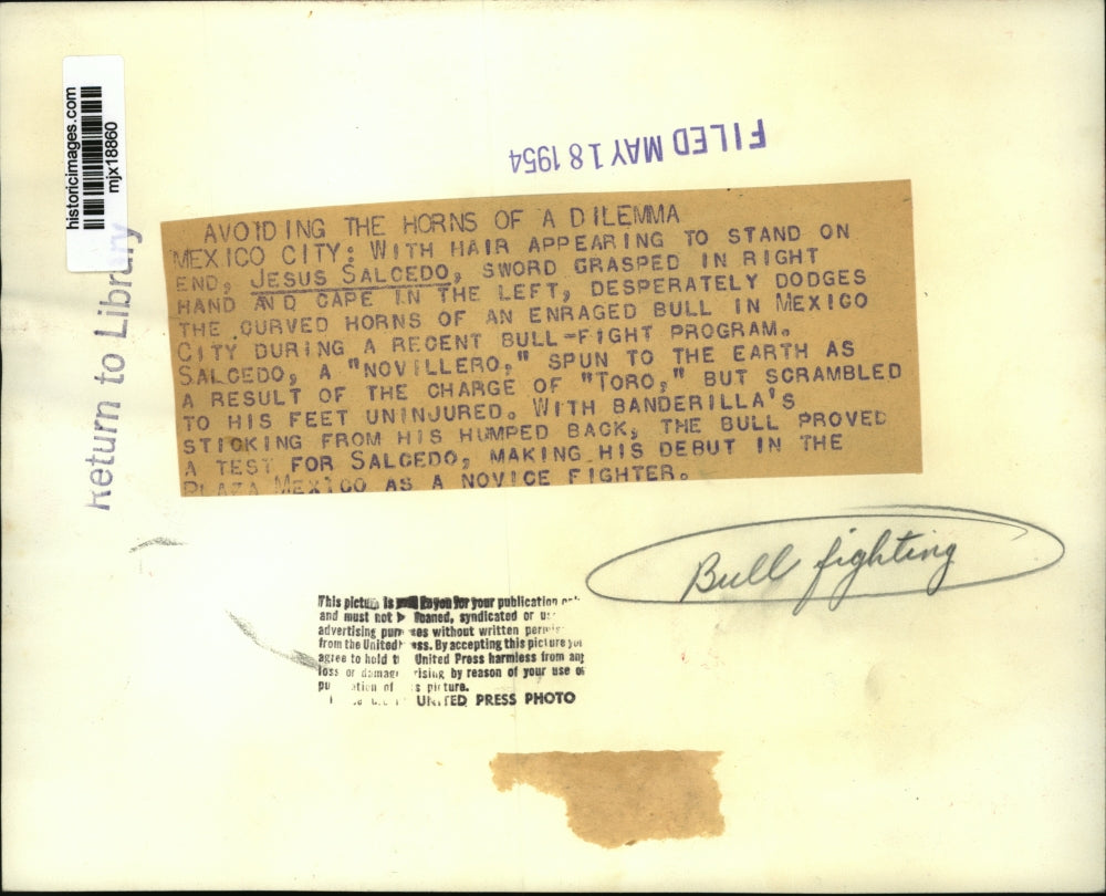 1954 Press Photo Mexico City, Jesus Salcedo dodges a bull during bull fight