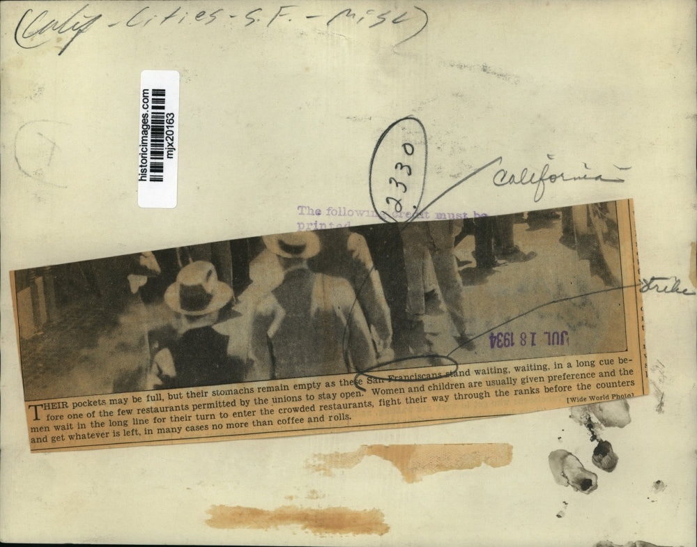 1934 Press Photo California-Cities-San Francisco-Misc.-Waiting in line for food.