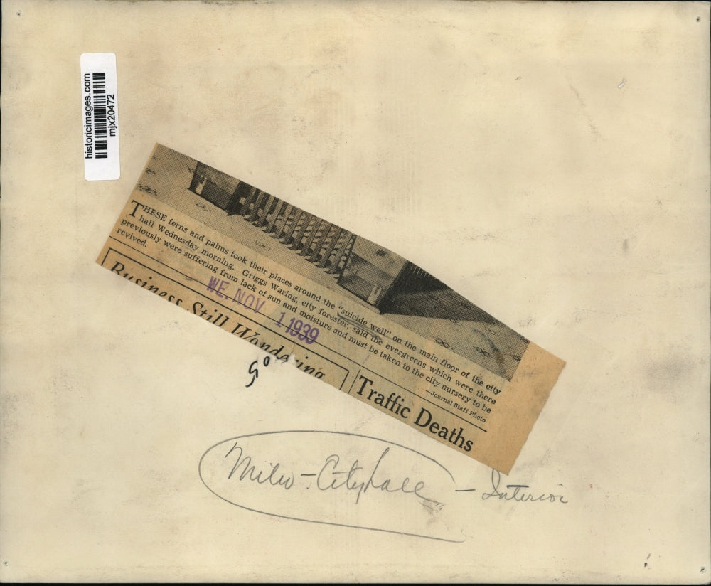 1939 Press Photo Ferns and palms around the "suicide well" in the city hall.