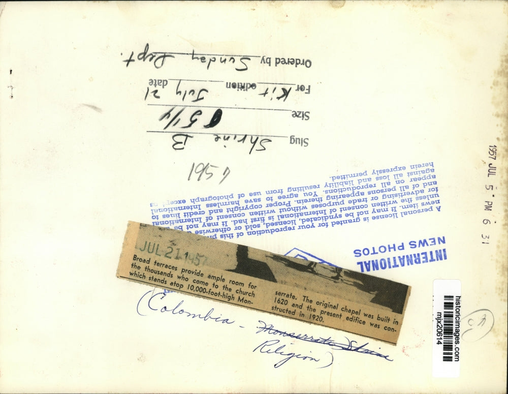 1957 Press Photo Broad terraces on the 10,000 foot-high Monserrate - mjx20614