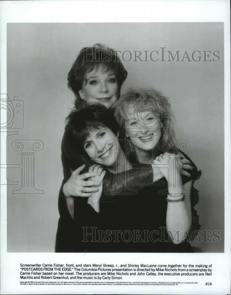 1990 Press Photo Carrie Fisher, Shirley MacLane &amp; Meryl Streep In Postcards- Historic Images