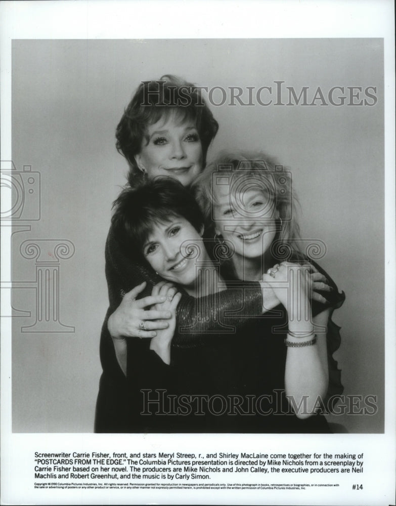 1990 Press Photo Carrie Fisher, Shirley MacLane & Meryl Streep In Postcards- Historic Images