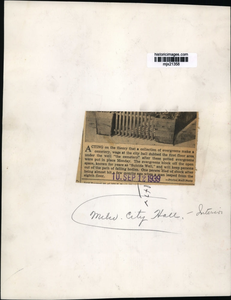 1939 Press Photo Evergreens planted at city hall, to prevent suicide attempts