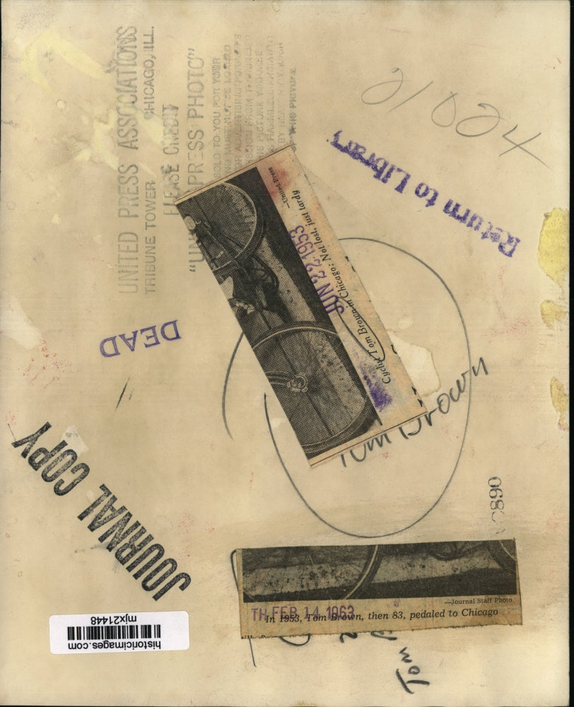 1953 Press Photo Tom Brown, 83 cycling to Chicago. - mjx21448