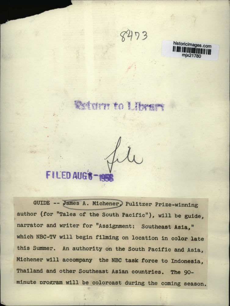 1956 Press Photo James Michener, narrator for "Assignment: Southeast Asia."