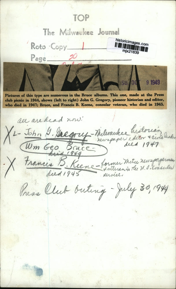 1944 Press Photo At Press club picnic, John Gregory, Geo Bruce, & Francis Keene.