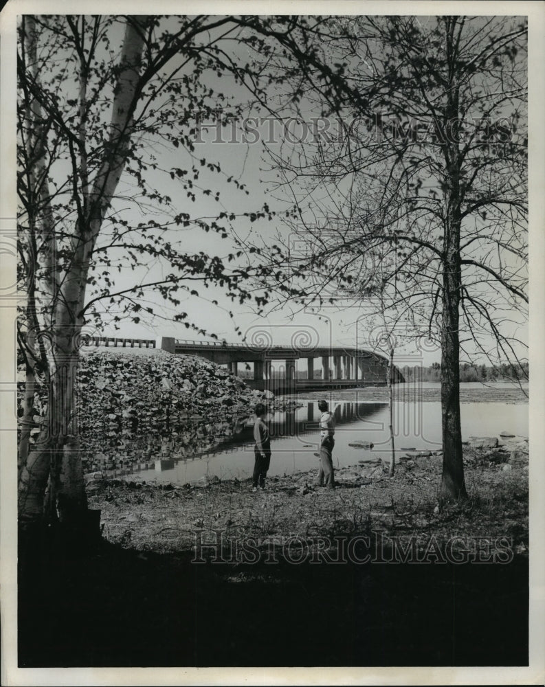 1982 Press Photo Parkland trees frame graceful lines of Rainy Lake Causeway- Historic Images