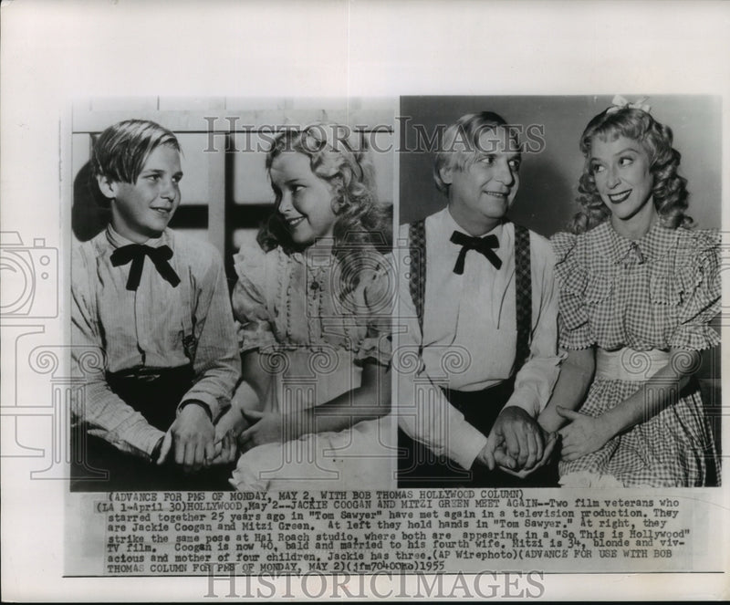 Load image into Gallery viewer, 1955 Press Photo Jackie Coogan and Mitzi Green actors meet again - mjx22358
