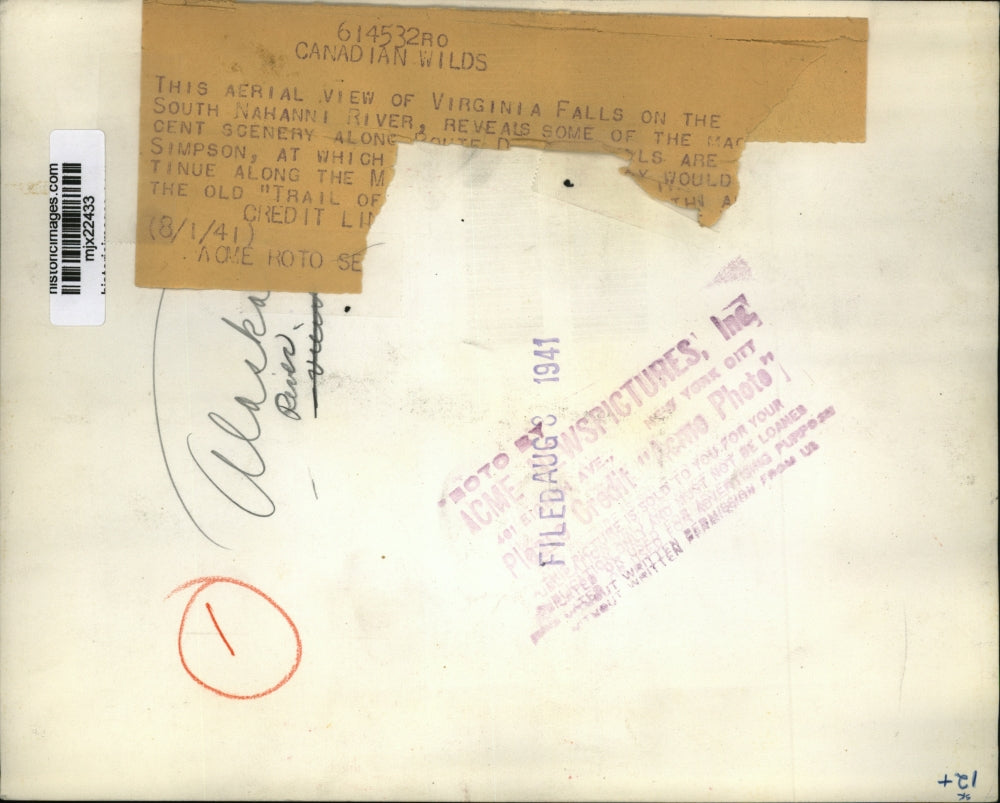 1941 Press Photo Aerial View of Virginia Falls On The South Nahanni River