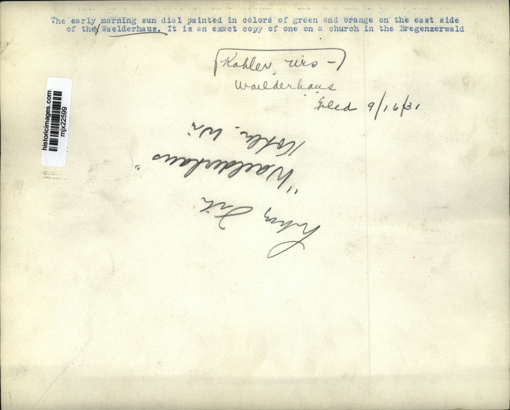 1931 Press Photo Early Morning Sun Dial Painted On East Side Of The Waelderhaus