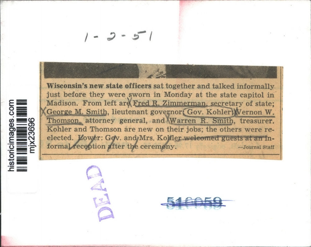 1951 Press Photo Wisconsin's New State Officers Before Being Sworn In