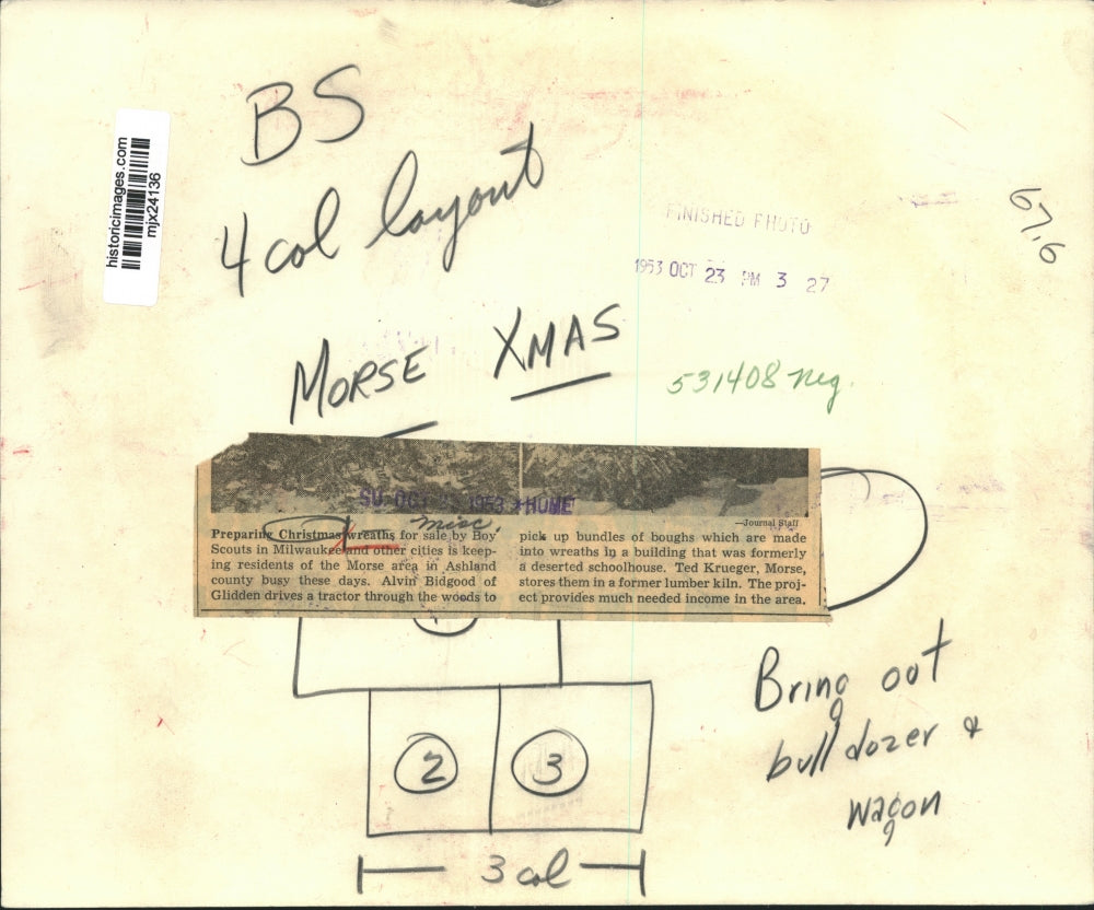 1953 Press Photo Alvin Bidgood Picks up Bundles of Boughs for Christmas Wreaths