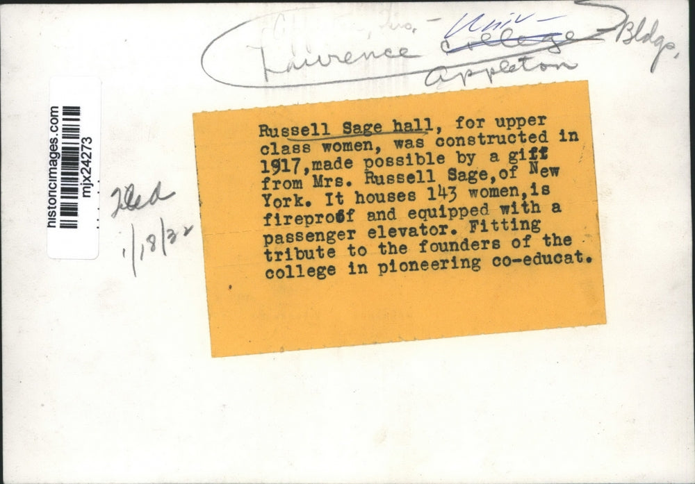 1932 Press Photo Mrs. Russell Sage donated Russell Sage Hall, Lawrence College