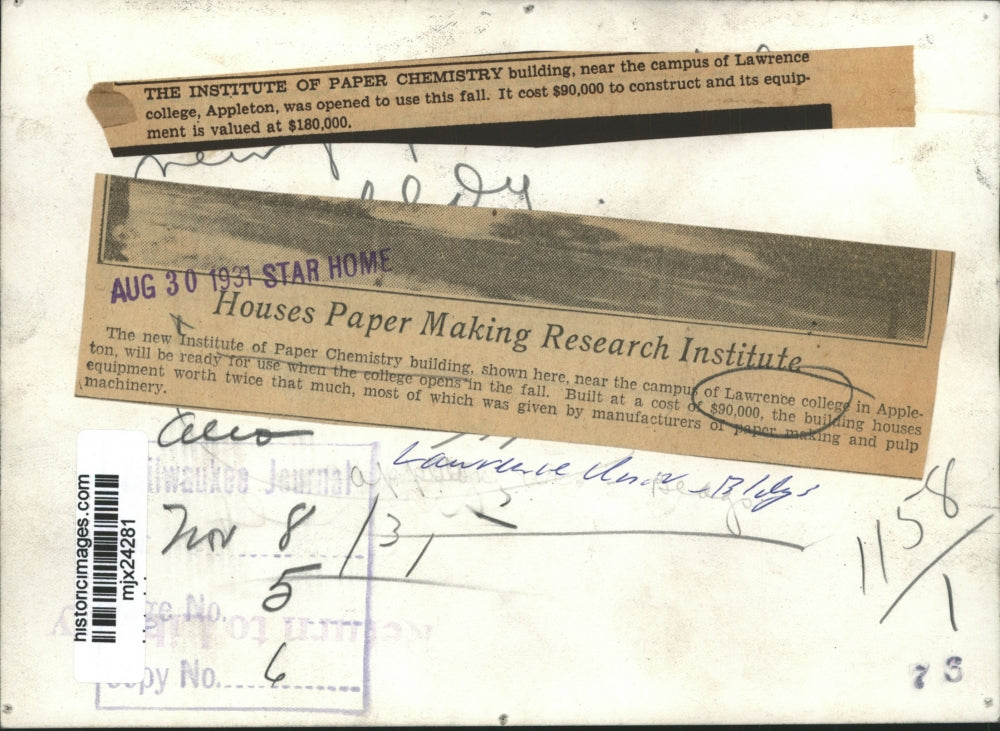 1931 Press Photo The Institute of Paper Chemistry bldg, near Lawrence College