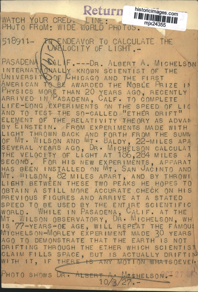 1927 Press Photo Albert A. Michelson-Scientist of University of Chicago