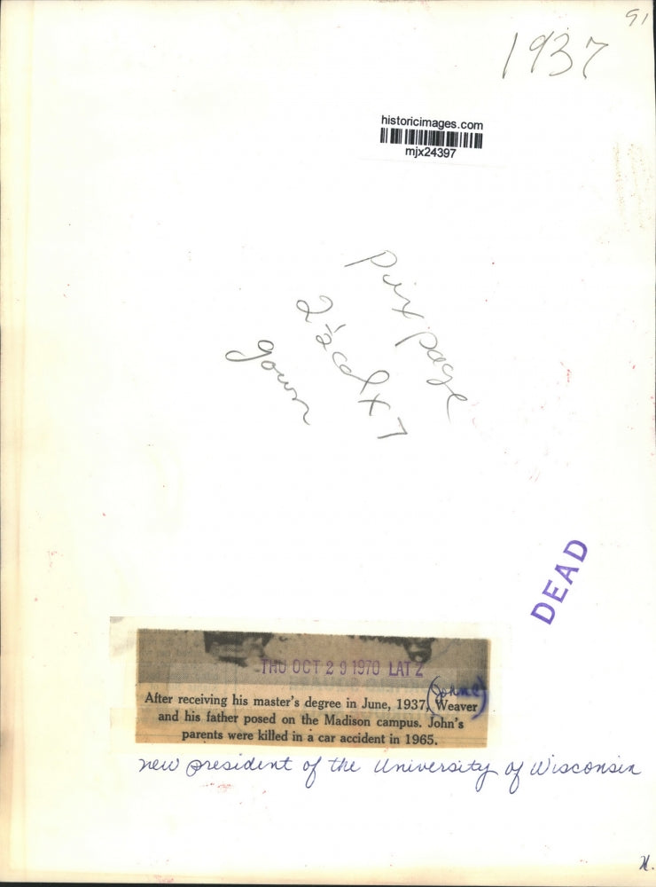 1937 Press Photo John C. Weaver With Father at University of Wisconsin-Madison