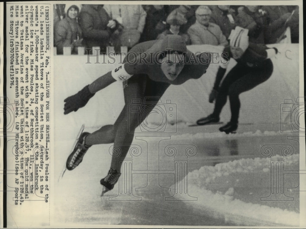 1976 Press Photo Leah Poulos Skating Her Way to a Silver Medal at Olympics- Historic Images