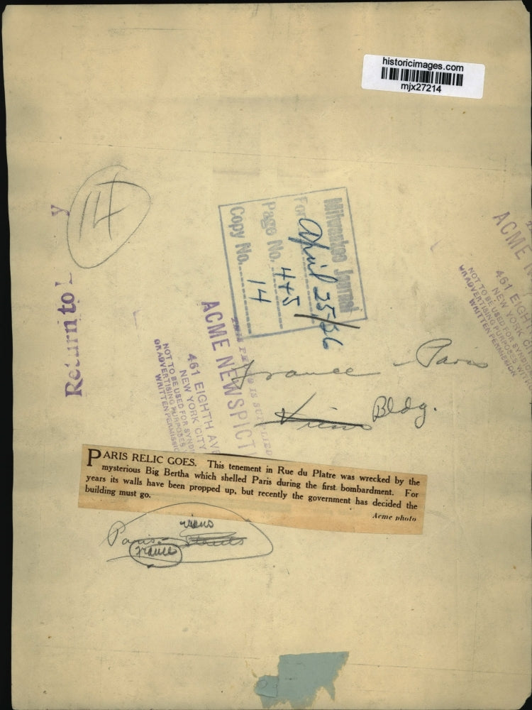 1926 Press Photo Tenement in Rue du Platre Wrecked by Big Bertha Paris, France