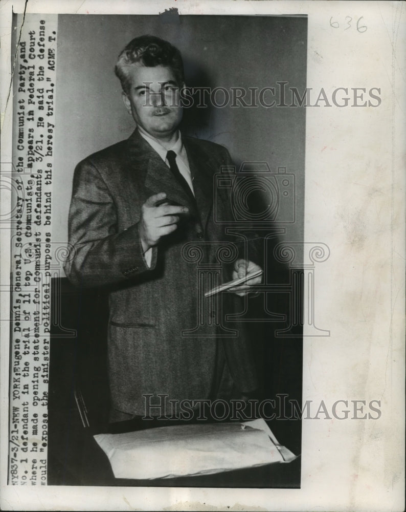 1949 Press Photo General Secretary of the Communist Party Eugene Dennis On Trial