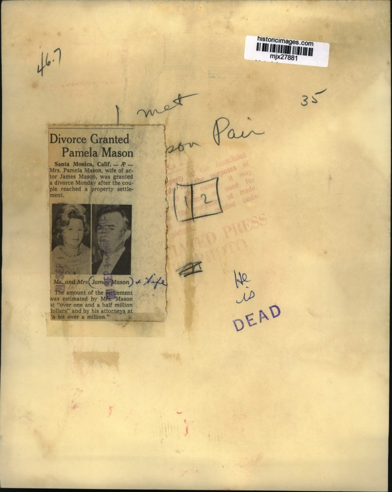 1964 Press Photo Pamela Mason and Ex-Husband James Mason After Divorce