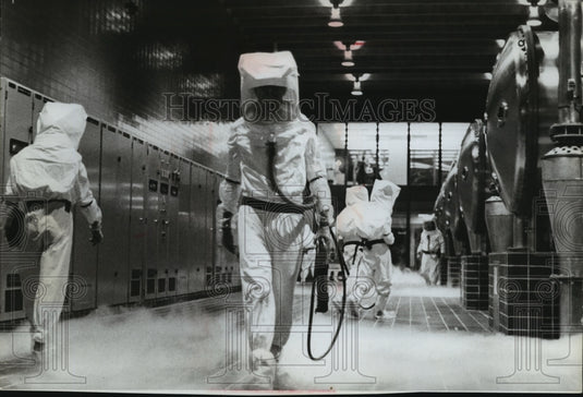 1981 Press Photo Hooded Technician In Chemical Plant In "Scanners" - mjx28451- Historic Images