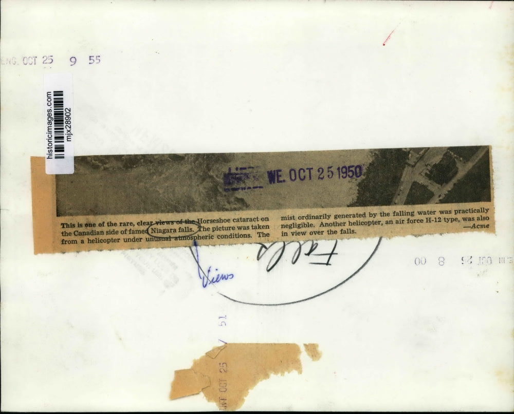 1950 Press Photo Aerial view Horseshoe Cataract, Canadian Side of Niagara Falls