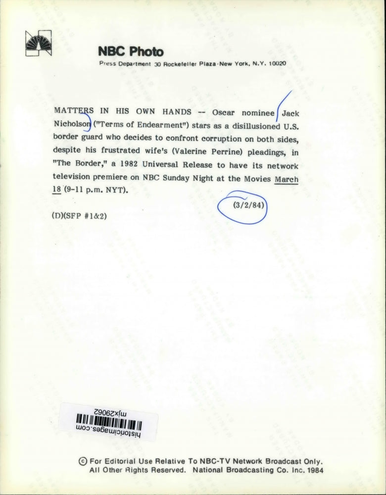 1984 Press Photo Jack Nicholson and Valerine Perrine in "The Border" - mjx29062