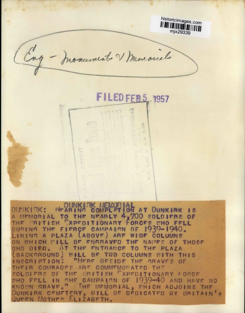 1957 Press Photo Dunkirk Memorial to British Expeditionary Force, England