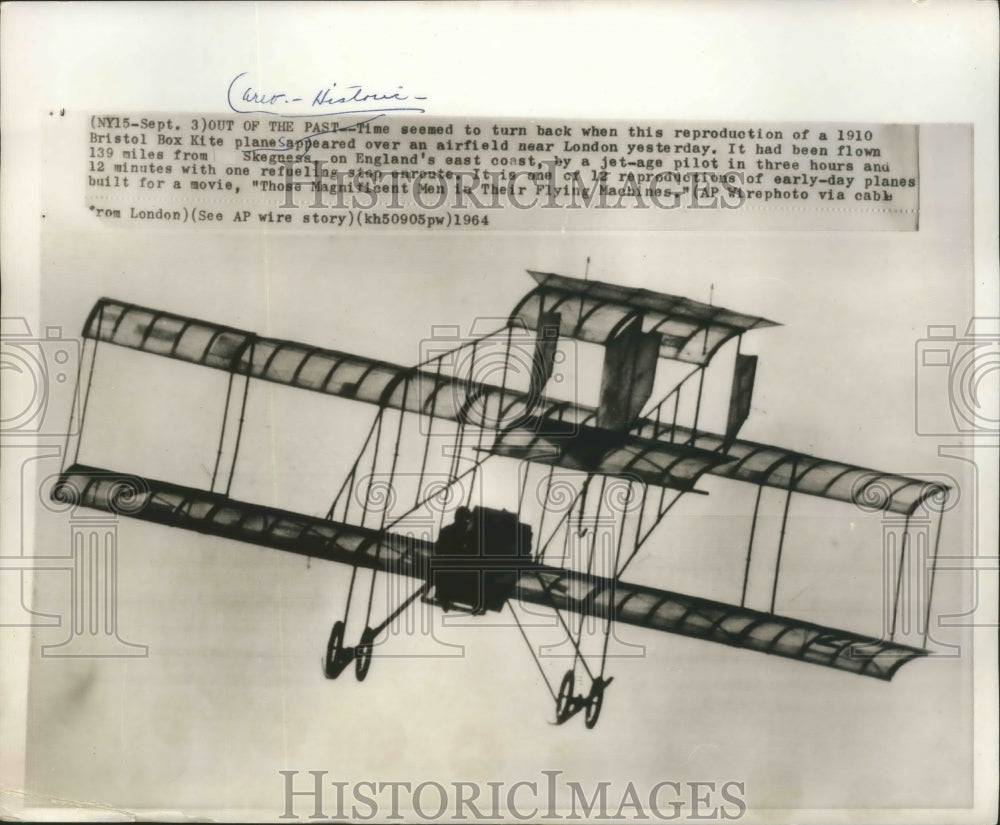 1964 Press Photo Reproduction of a Bristol Box Kite Plane Near London