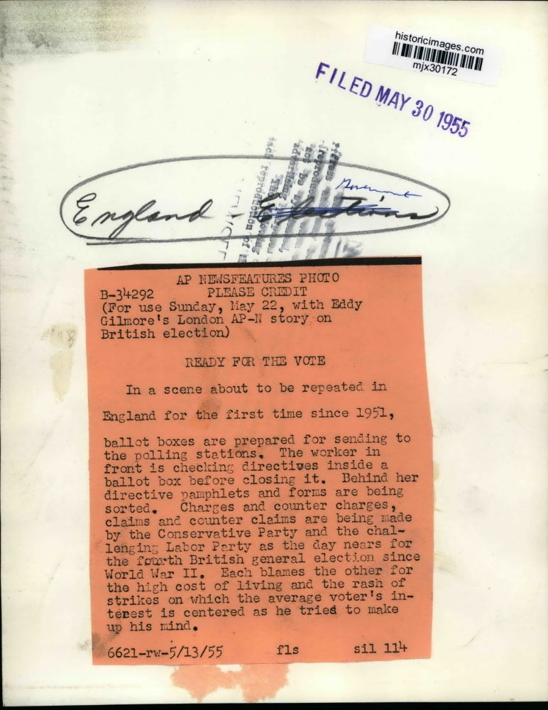 1955 Press Photo Ballot boxes being prepared in England for polling stations