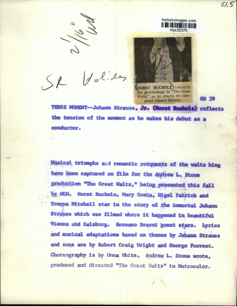 1972 Press Photo Horst Bucholz conducts "The Great Composer" as Johann Strauss