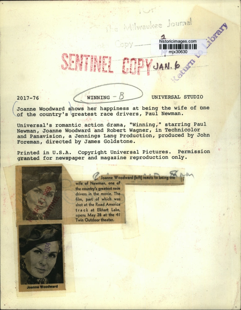 1969 Press Photo Joanne Woodward in "Winning" - mjx30630