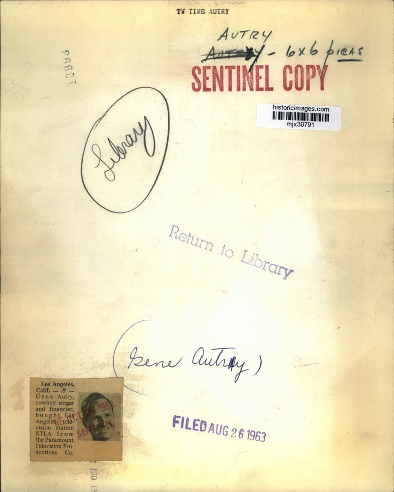 1963 Press Photo Gene Autry, cowboy singer - mjx30791