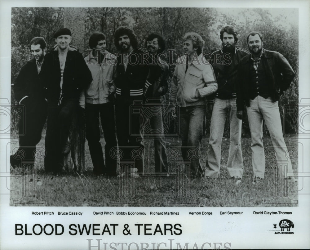 1980 Press Photo Blood, Sweat &amp; Tears members stand together outside - mjx31030- Historic Images