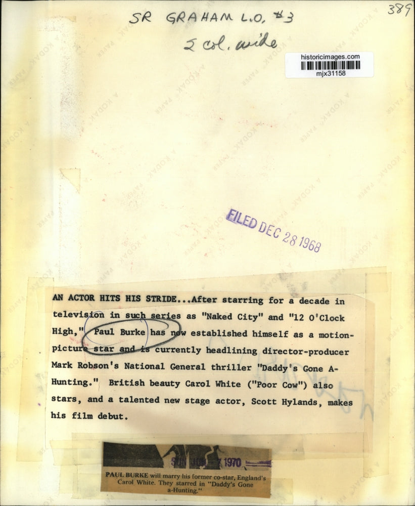 1968 Press Photo Actor Paul Burke of "Naked City", "12 O'Clock High" and Movies