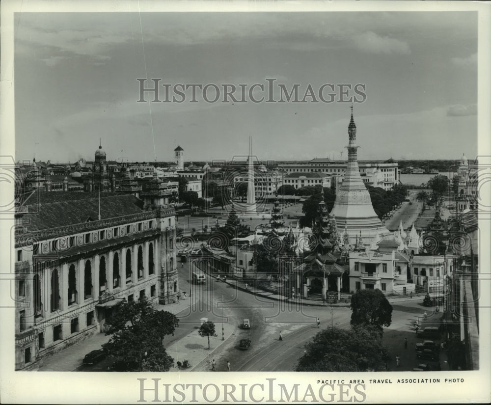 1982 Press Photo Sule Pagoda, City Hall and the Independence Monument in Rangoon- Historic Images