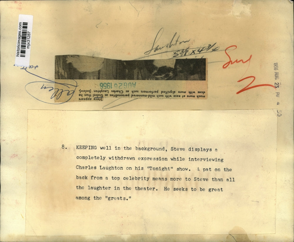 1956 Press Photo Steve Allen and Charles Laughton on "Tonight" show - mjx31287