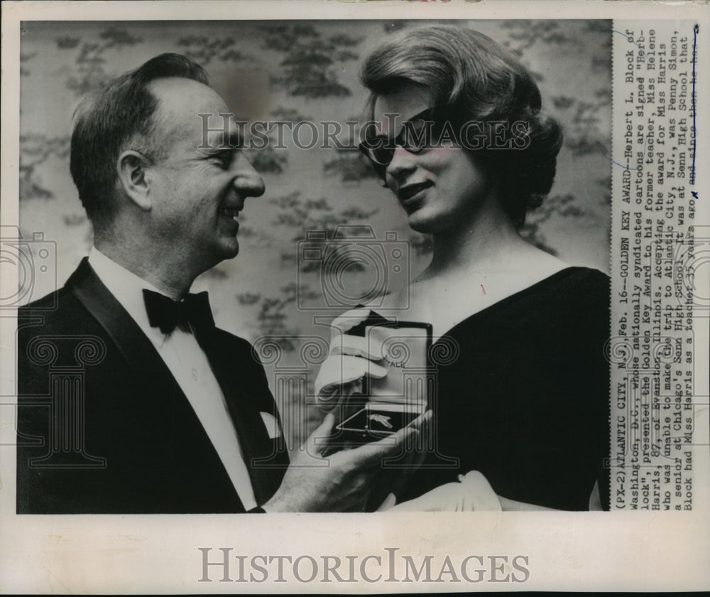 1963 Press Photo Herbert Block Presents Golden Key Award to Helene Harris