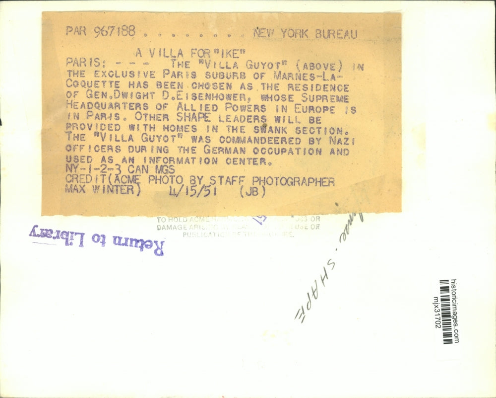 1951 Press Photo The "Villa Guyot" in Paris suburb to be Eisenhower residence.