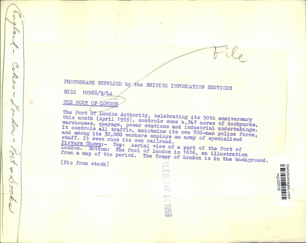 1959 Press Photo Port of London Authority and Pool of London in 1616, England